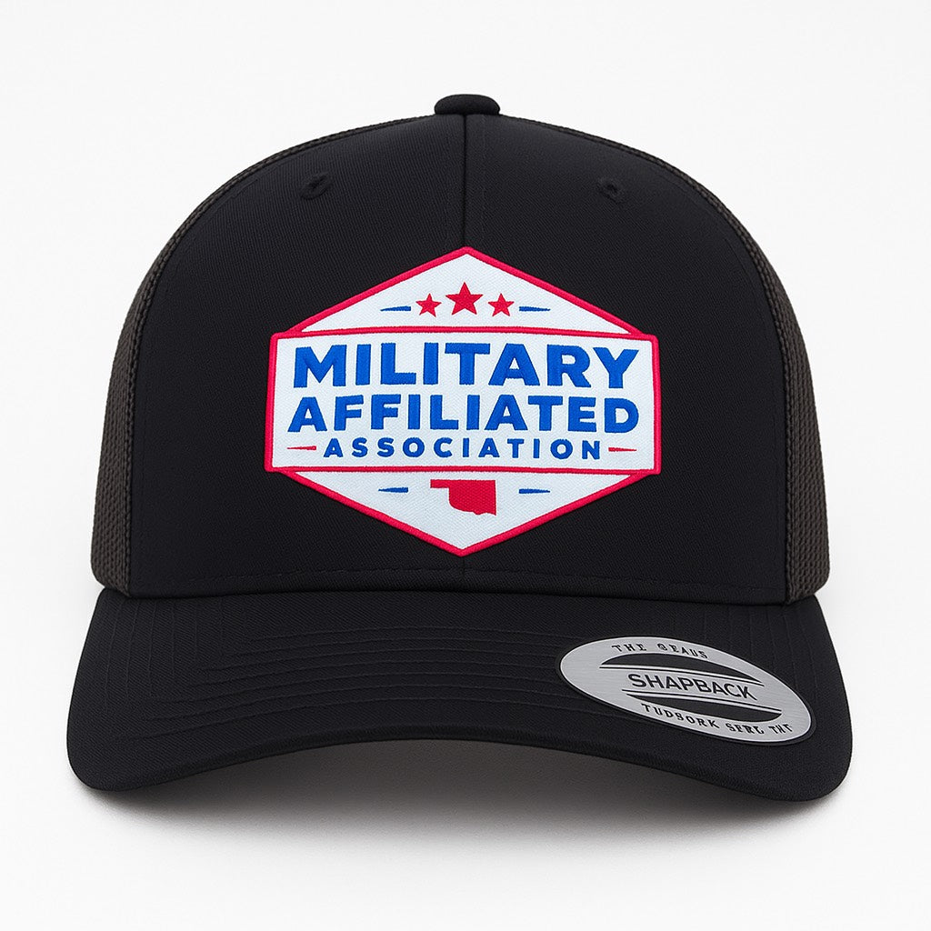 Military Affiliated Association Trucker Hat – Tri-Layer Acrylic Patch (Metallic Red, White, and Blue)