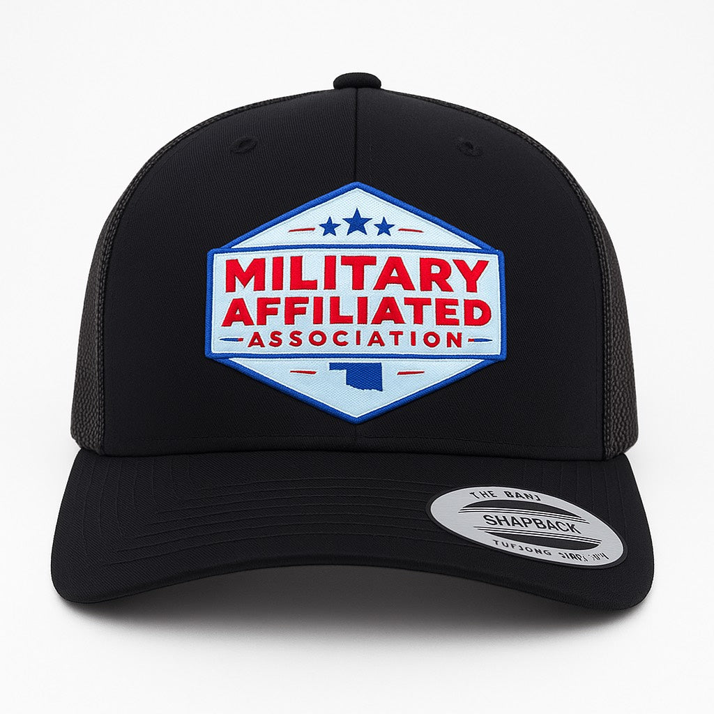 Military Affiliated Association Trucker Hat – Tri-Layer Acrylic Patch (Red, White, and Metallic Blue)