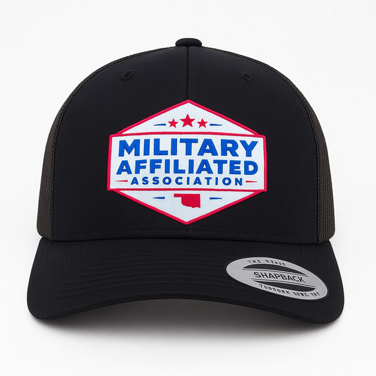 Military Affiliated Association Trucker Hat – Tri-Layer Acrylic Patch (Metallic Red, White, and Blue)