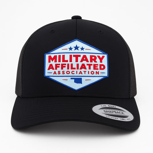 Military Affiliated Association Trucker Hat – Tri-Layer Acrylic Patch (Red, White, and Metallic Blue)