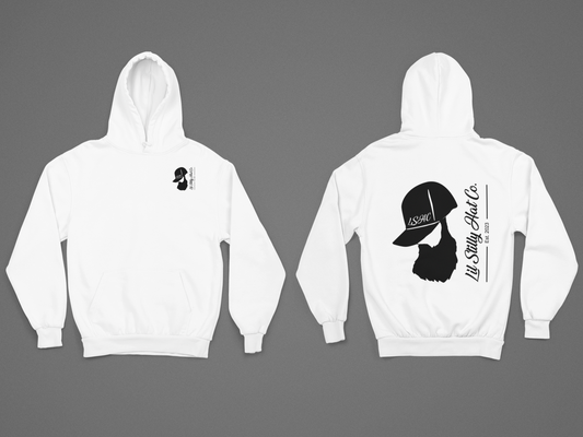 White Hoodie with Black screen printed Lil Stilly Hat Co. logo