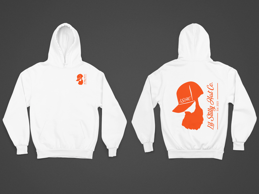 White Hoodie with Orange screen printed Lil Stilly Hat Co. logo